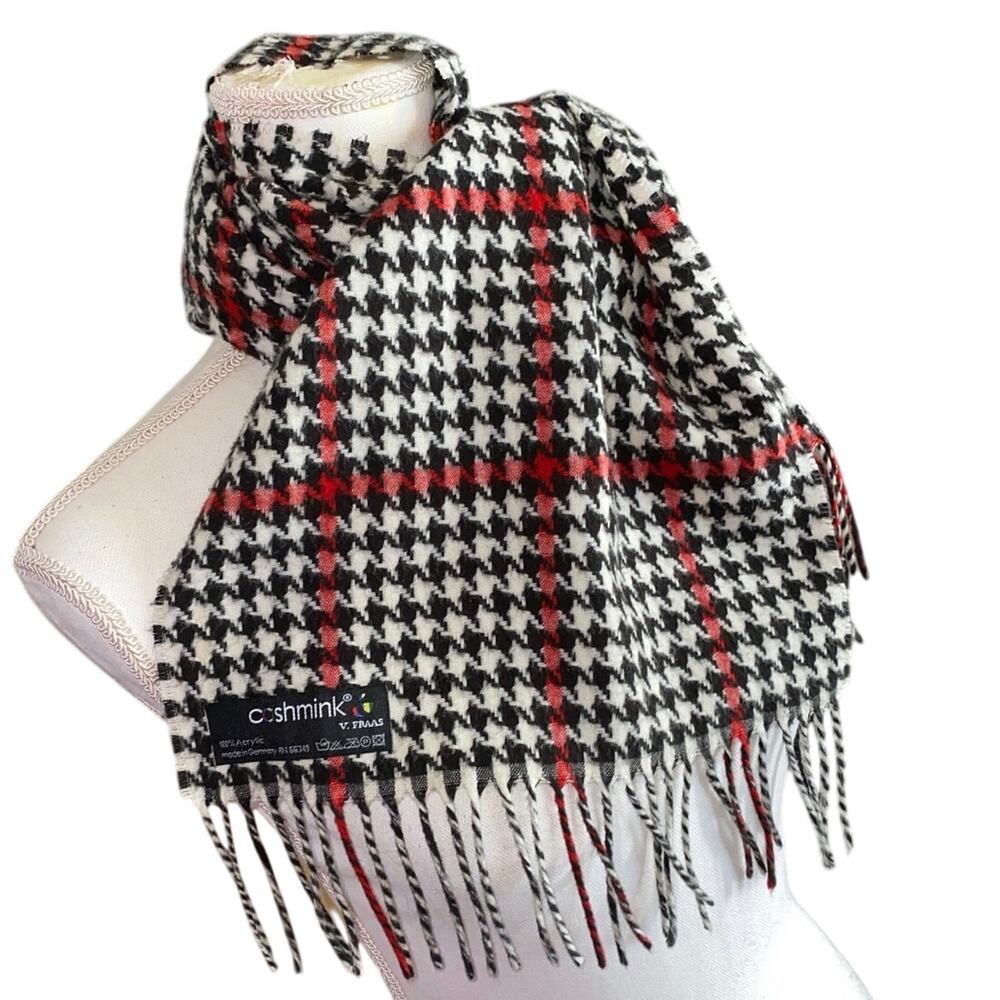 V Fraas Cashmink Houndstooth Holiday Acrylic Fringe Scarf Black White Red Winter